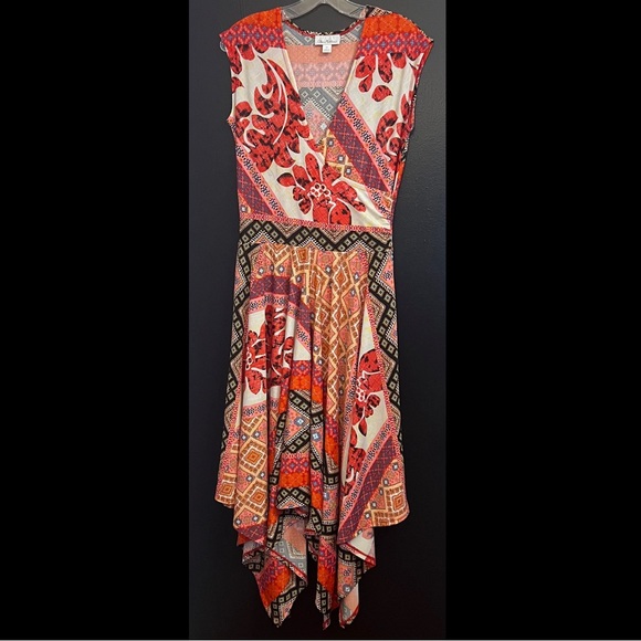 Olivia Matthews Dresses & Skirts - Olivia Matthews Red Mixed-Print Handkerchief Hem Dress